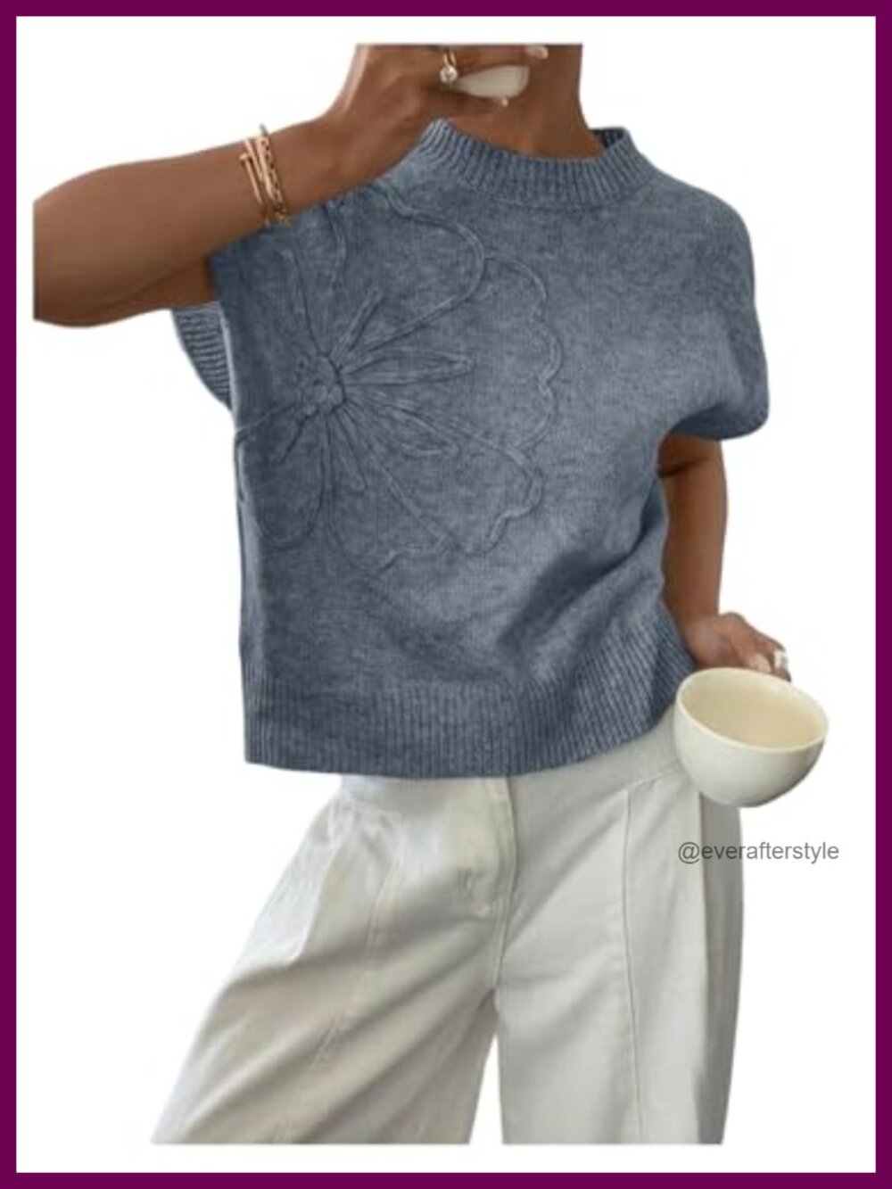 Women's Short Sleeve Ribbed Knit 3D Floral Sweater Loose Fit Crew Neck Pullover